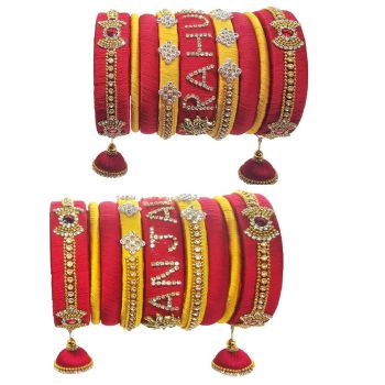 Red & Yellow Name Couple Rhinestone Silk Thread Bangles set customized bangles-2.4
